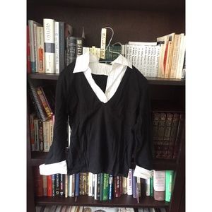 Black sweater with white pinstripe collar & cuffs